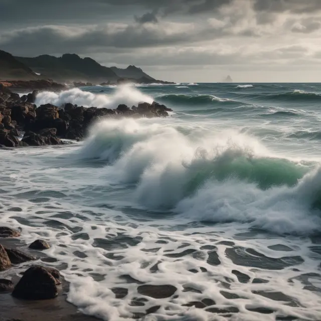Waves crashing against a rocky shore, representing the economic cycles that can lead to W-shaped recoveries