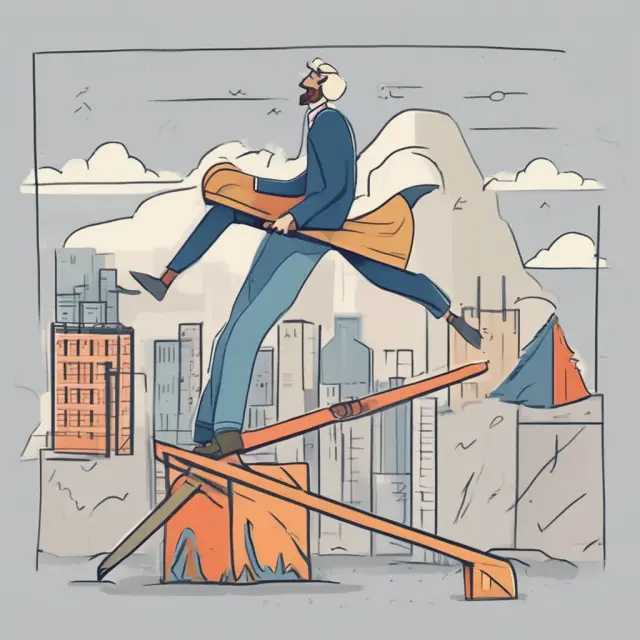 Investor atop a seesaw amidst economic indicators like GDP and inflation, prepared to make strategic market moves during a W-shaped recovery