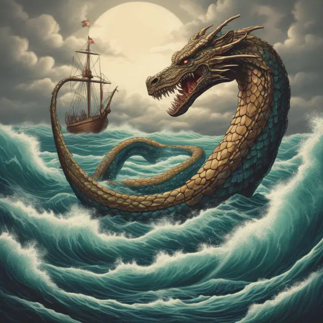 An investor on a sea serpent, sailing through turbulent waters filled with interconnected economic waves, representing the challenges and opportunities of a W-shaped recovery