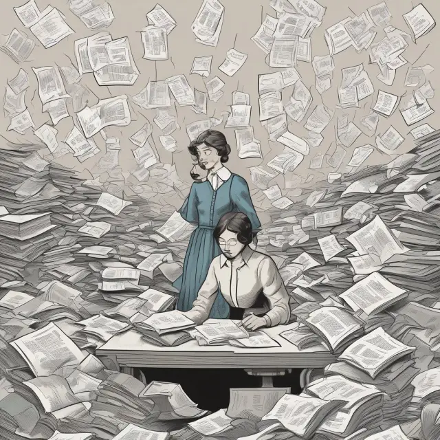 Searching woman retrieves W-2 duplicate amidst scattered papers, enhancing the process transparency