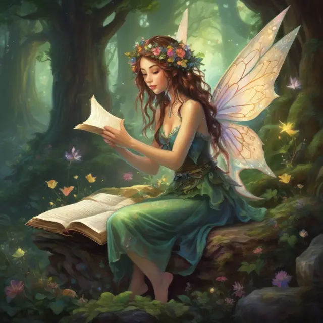 A fairy holding a scroll labeled 