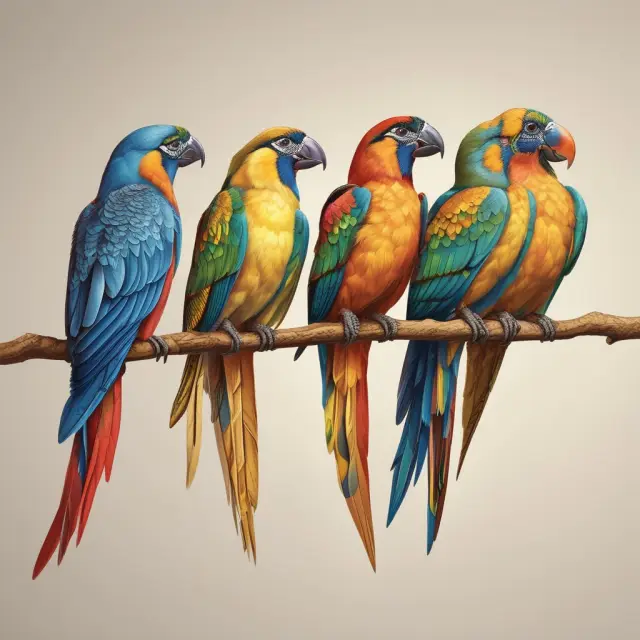 Golden branch with five exotic birds - symbolizing different international scenarios - holding W-8BEN, BEN-E, ECI, EXP, and IMY forms
