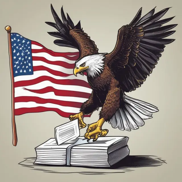 A foreign person handing a W-8 form to an eagle representing the IRS, illustrating tax compliance with U.S.-based entities.