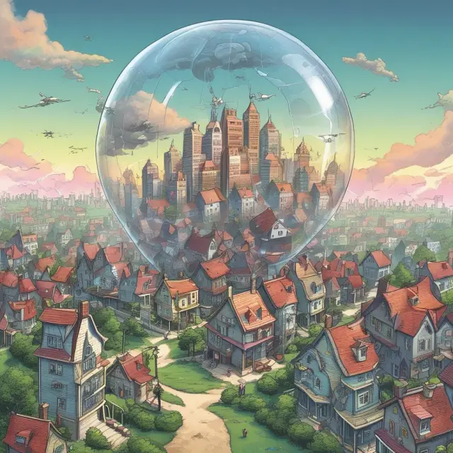 Bursting housing bubble releasing numerous mortgage-backed securities (MBS), representing the 2007-2008 financial crisis.