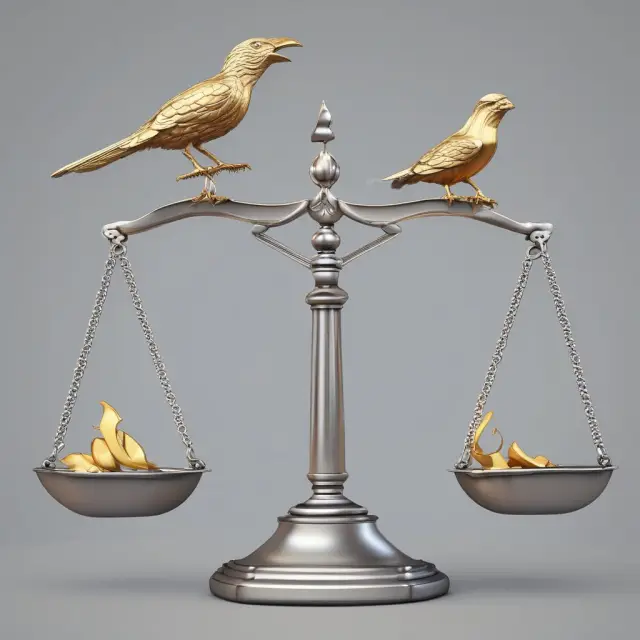 Golden bird symbolizing equity balanced against a silver-anchored debt chain, representing the Weighted Average Cost of Capital (WACC)