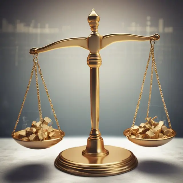 Golden scales represent WACE while financial graphs and stock market indices balance the assessment of potential projects.