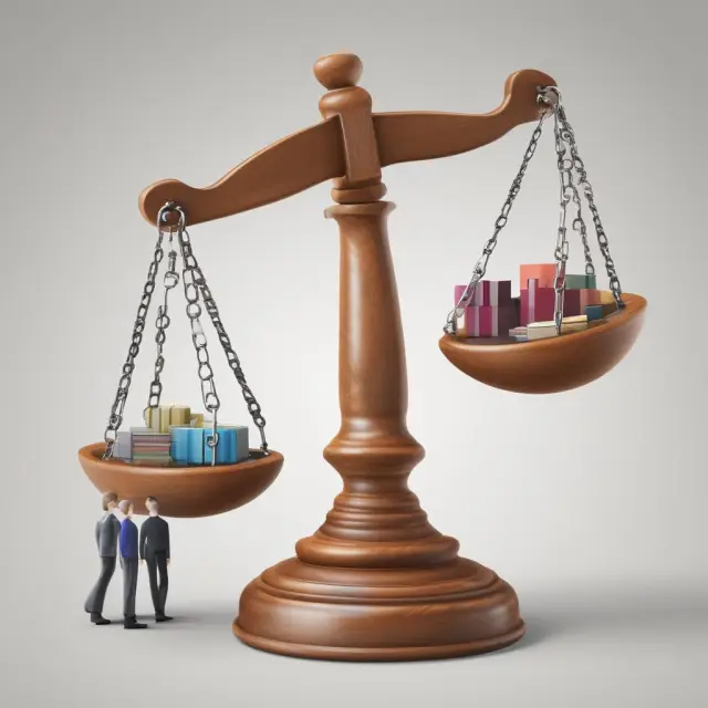 An employee and employer standing on opposite sides of a scale, with voluntary wage assignments represented by weights in harmony and involuntary wage assignments symbolized as a judge