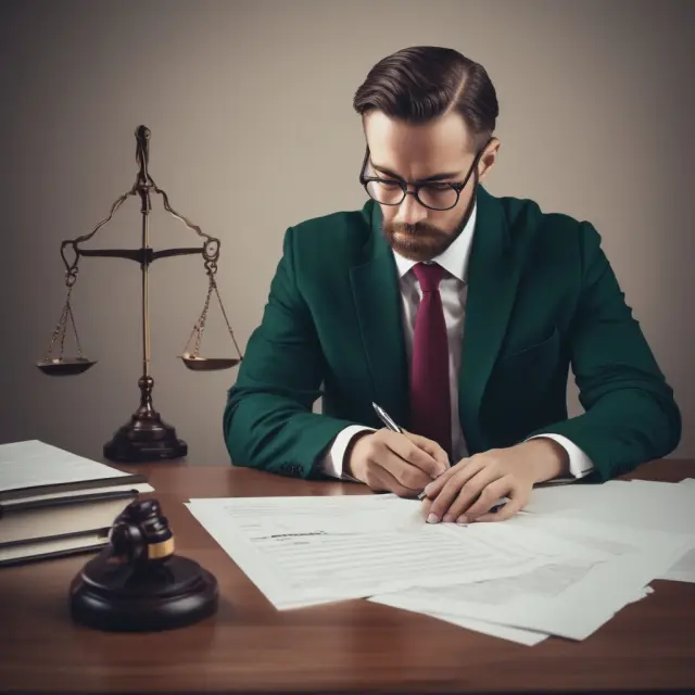 An employee signing a wage assignment contract under the watchful eyes of two scales representing fairness and balance.