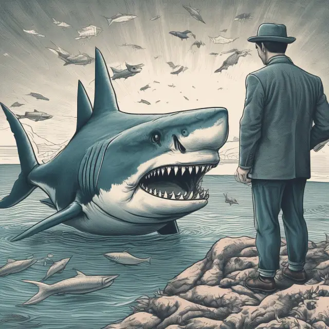 A worker holding a paycheck is surrounded by a menacing shark in deep water. Hidden predators lurk beneath, symbolizing wage assignment abuse and predatory lending practices.