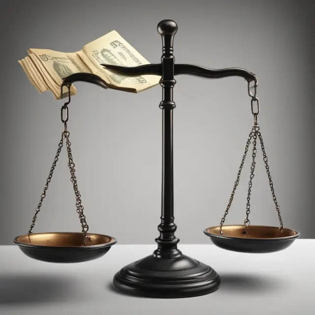 A person holds a scale that balances the benefits (upside) and drawbacks (downside) of wage assignments for debtors.
