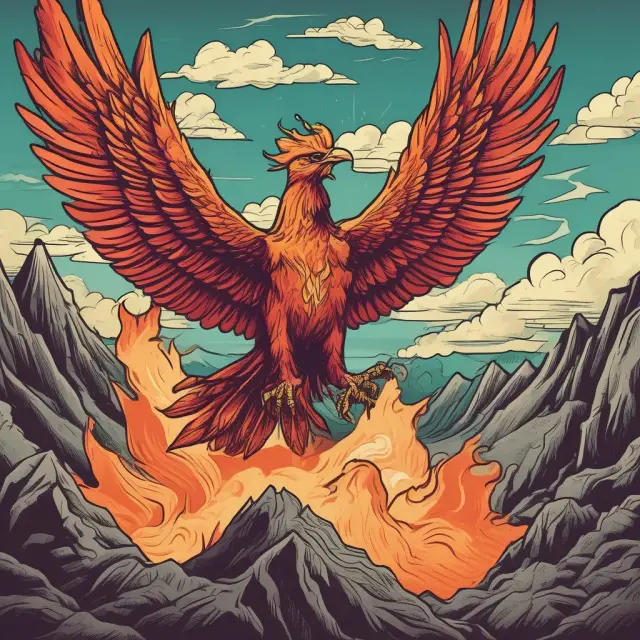 Phoenix rising from a mountain of debt, representing the advantages and potential for financial restoration through Chapter 13 bankruptcy.