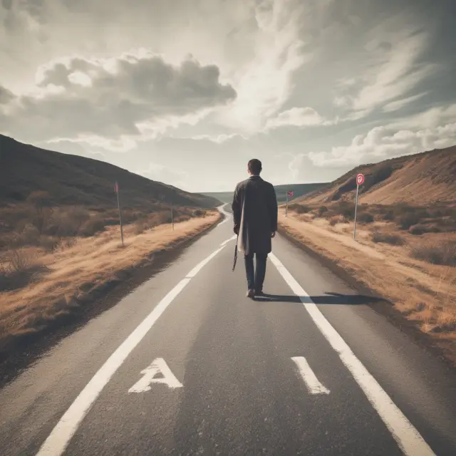 A person at a crossroads contemplates between two paths labeled 