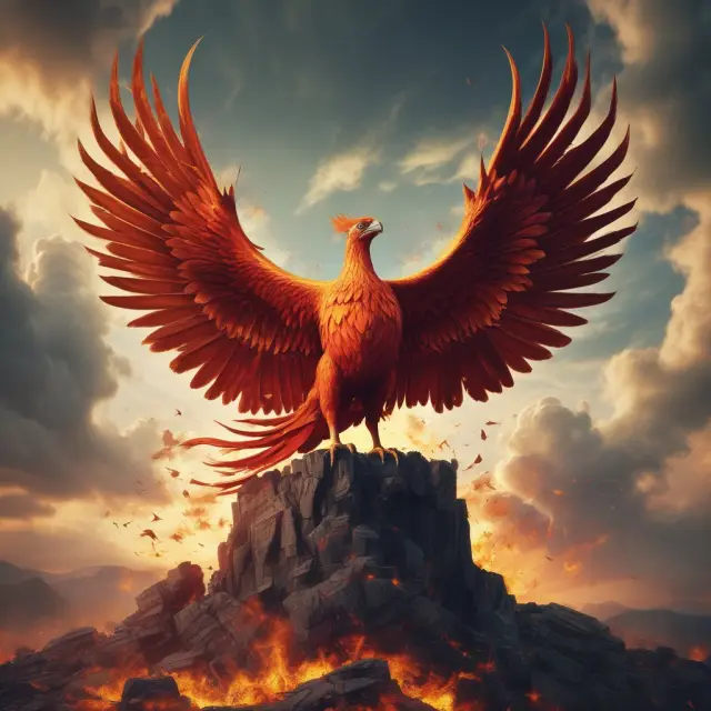 Image of a majestic Phoenix rising above financial charts and debt documents, demonstrating the potential for credit recovery following Chapter 13 bankruptcy
