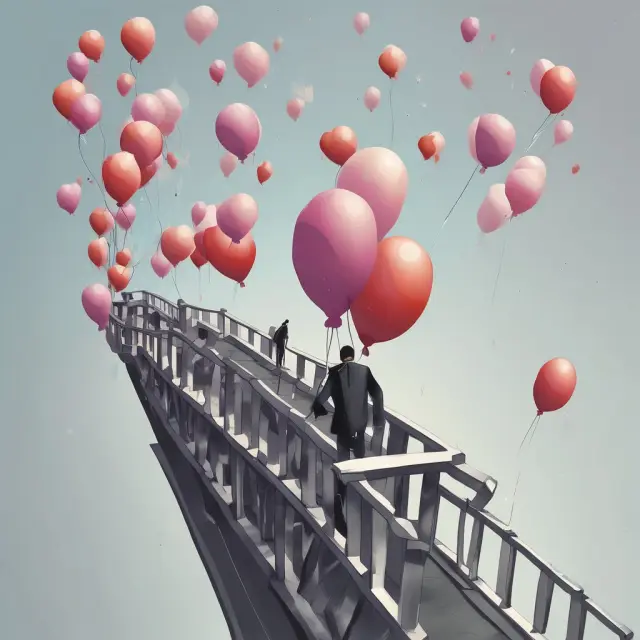 A person releases red, over-sized balloons representing discharged debts while unsecured debts consolidate into a bridge for financial recovery