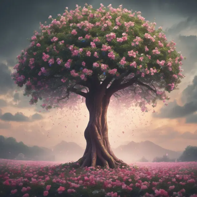 A resilient wealth-generating tree blooms vibrantly amidst a financial storm, representing the Wealth Added Index