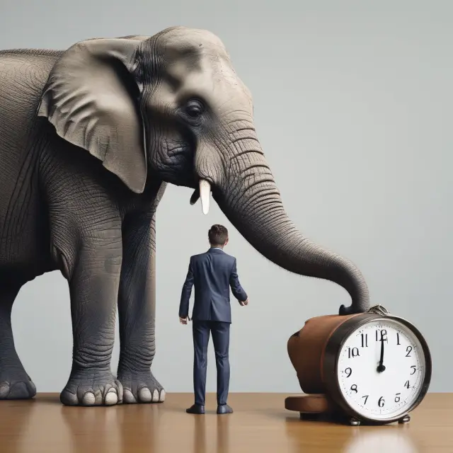 An elephant in a business suit sits patiently with a ticking clock as it waits for its insurance coverage to become active, symbolizing the impact of waiting periods on institutional investors.