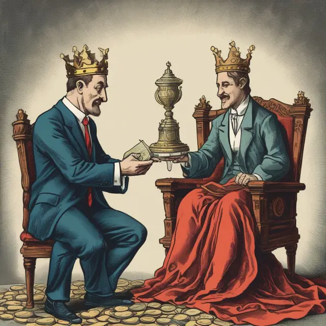 Banker crowns himself with coins, hands check to lawyer atop hourglass – visualizing the complexities and risks in waivers of demand