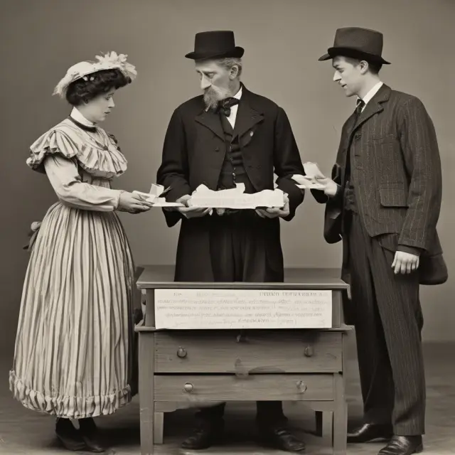 An intricately staged scene with the drawer (John), payee (Kevin), and drawee (bank) holding fragments of a broken check, symbolizing their roles in a successful transaction