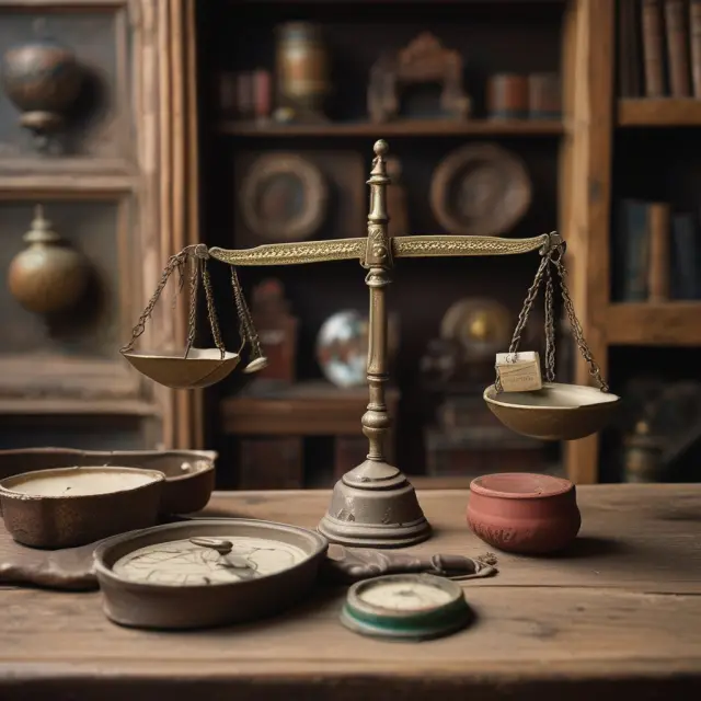 An ancient scale balances personal possessions, representing the impact of waiver of exemption. Some items slip away while others are shielded by state laws.