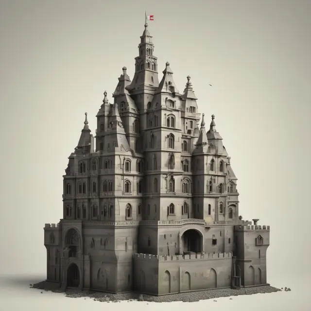 A visualization of various essential household items - appliances, clothing, linens, photographs, and wedding rings - guarded within a castle with the text 