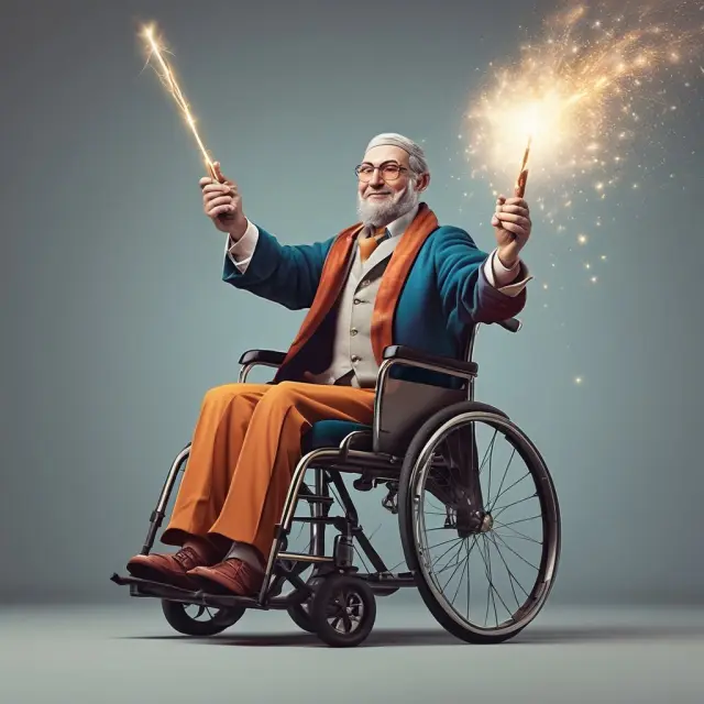 Disabled person using a magical wand to maintain insurance coverage with waived premiums