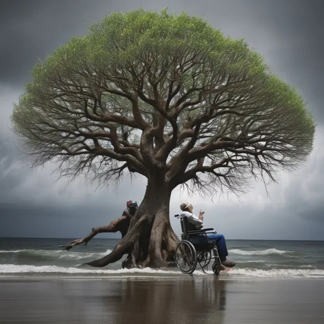 A tree with two intertwined branches symbolizing life and disability insurance, each offering waivers as leaves to protect a family amidst financial storms