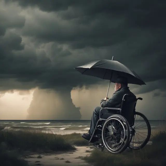 Person in a wheelchair with insurance policies and umbrella amidst stormy sky
