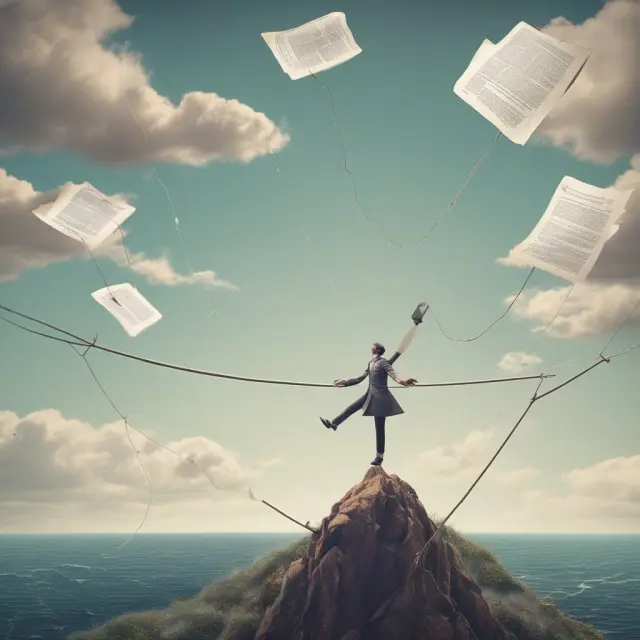A person balances legal documents and insurance contracts while walking on a tightrope over the stormy seas of disability claims issues