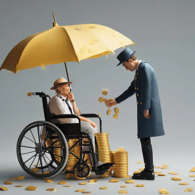 Person in a wheelchair receiving financial support through gold coins falling gently from an umbrella during a rainstorm, representing disability insurance waiver of premiums.