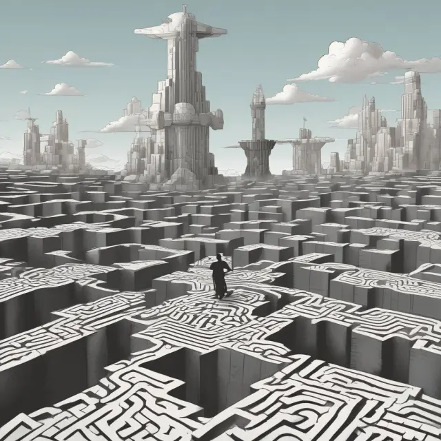 An underwriter navigates a labyrinth filled with scales, health records, financial documents, and an occupational wheel, symbolizing the assessment of risk factors for waiver of premium payor benefits