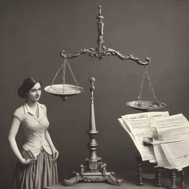 A woman balances two insurance contracts: one labeled 