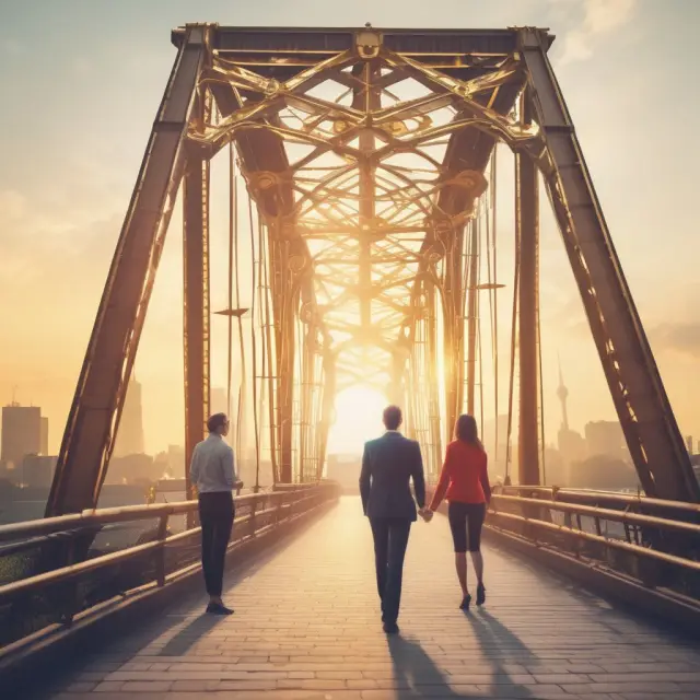A person and an insurance company representative crossing a bridge, discussing a waiver to ensure consistent premiums after filing a claim