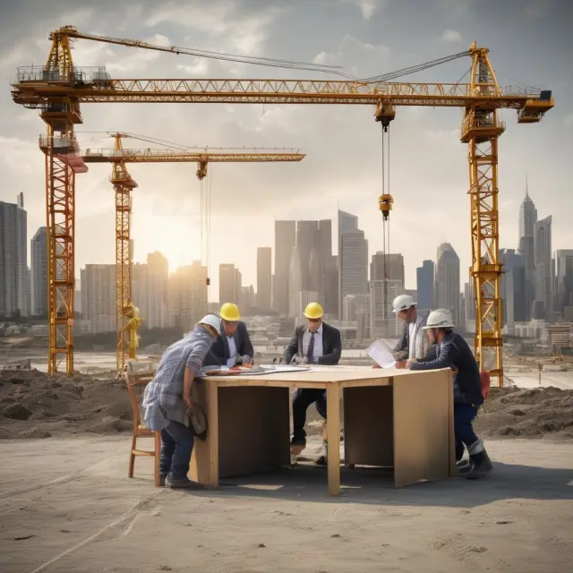 Contractors and insurers meeting under golden cranes, negotiating waivers of subrogation in a construction context
