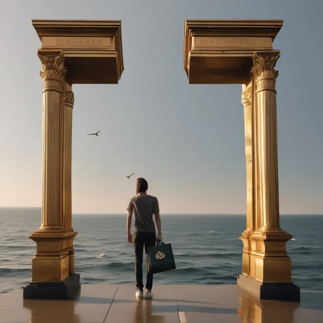A person holding a US passport gazes towards the American gates while standing on uncertain waters, representing Form I-601: Application for Waiver of Grounds of Inadmissibility.