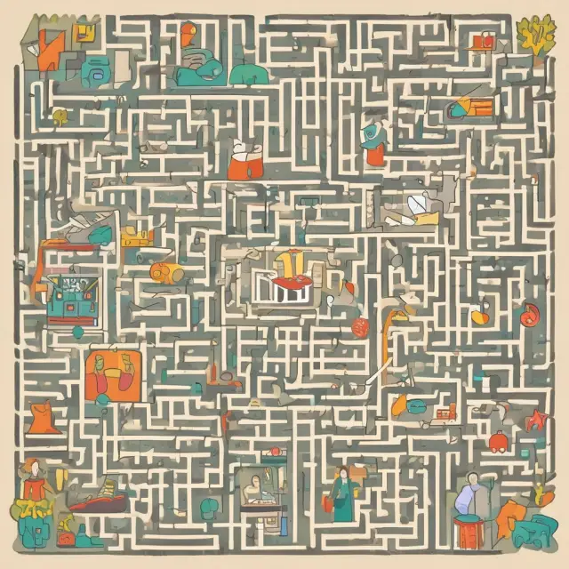 Maze of health check-ups and age milestones representing insurance eligibility and claim requirements.
