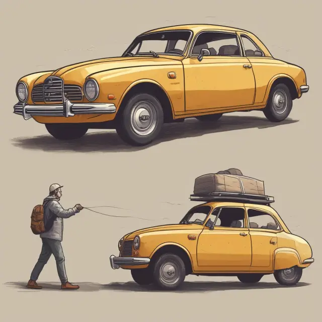 Person walking away from a golden car on a scale, symbolizing the disadvantages of walk-away leases: hidden costs represented by a bottomless pit and mileage penalties as a heavy sack.