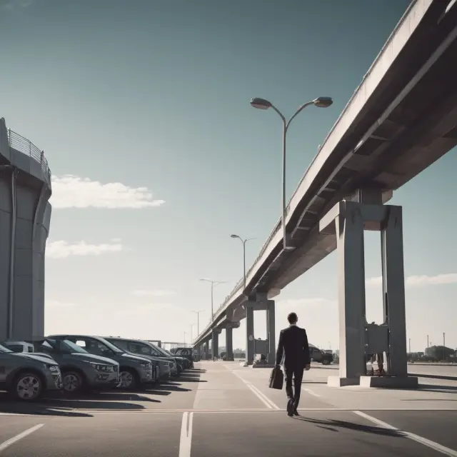 An investor strolling away from an endless line of cars on a conveyor belt, conveying the ease and regular upgrades associated with Walk-Away Leases.