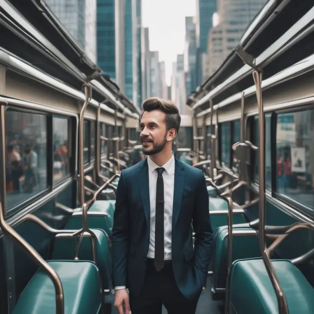 An entrepreneur evaluating walk-away leases while on a train, surrounded by towering buildings representing different investment opportunities
