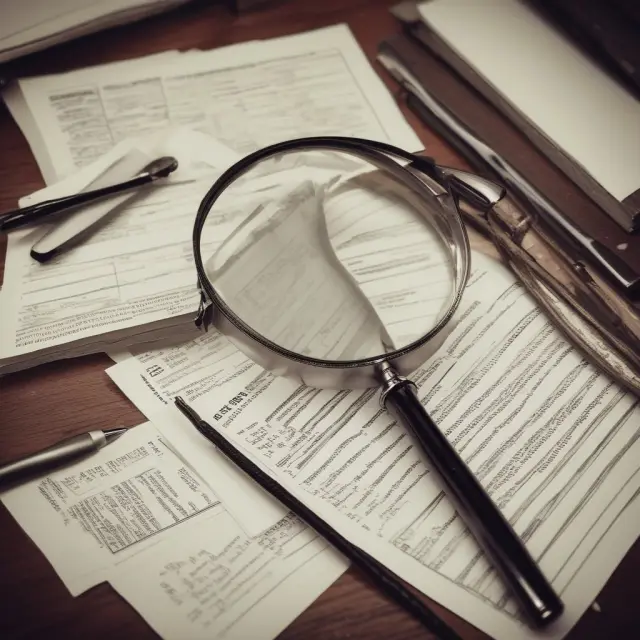 Auditor preparing for walk-through test with organized documents and magnifying glass.