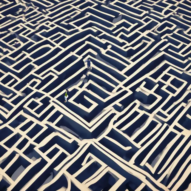 An auditor maneuvering through a maze of interconnected systems, collecting pieces of paper representing documentation while encountering barriers symbolizing data access issues