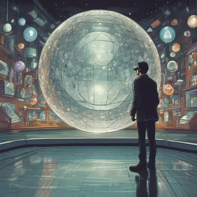 An auditor examines the flow of transactions in a digital river using advanced data analytics technology and crystal ball for enhanced insight.