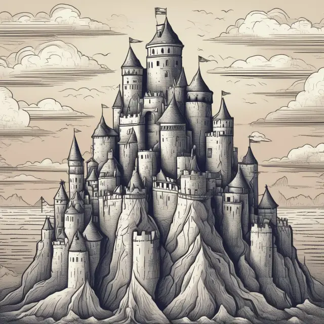 An image of a towering fortress, representing the wall of worry, with investors ascending its peaks amidst various stages of the economic cycle