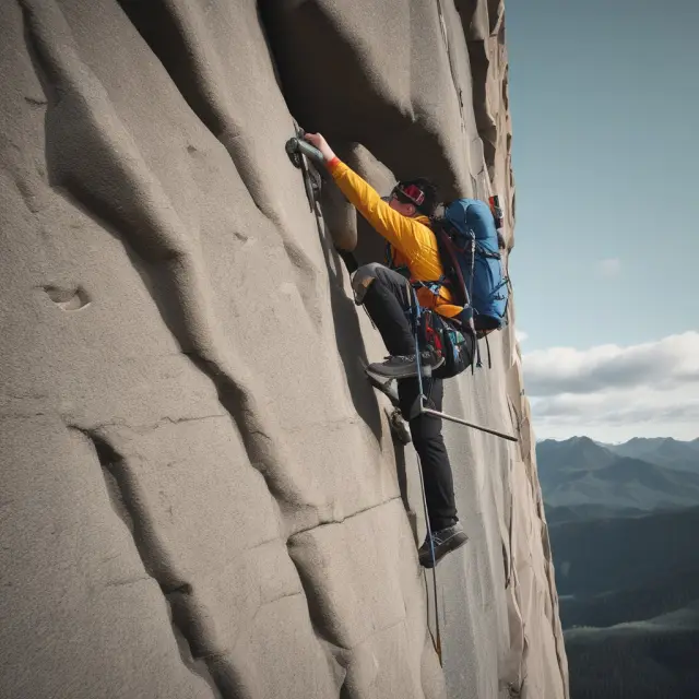 An investor ascending the wall of worry, symbolizing market uncertainty, with a backpack containing balanced assets to ensure a successful climb