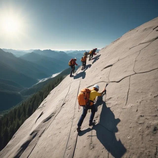 A diverse group of mountain climbers scaling the Wall of Worry, illustrating investors
