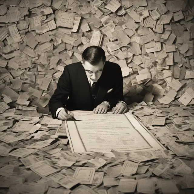 Collector with vintage security certificate amidst worthless securities. Taxation of wallpaper securities.