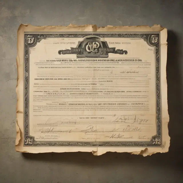 A crumpled and worn stock certificate pasted on a wall as a metaphor for the intricate legal considerations surrounding worthless securities