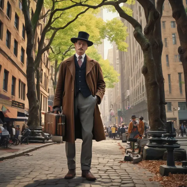 A traveler exploring the evolution of Wall Street from its Dutch roots to digital exchanges
