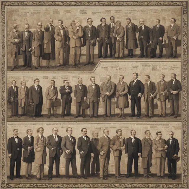 An intricate mosaic showcasing influential Wall Street figures and pivotal events against a background of a historical timeline.
