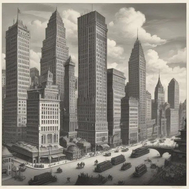 Image of towering Wall Street skyscrapers intertwined with Main Street factories, symbolizing the interdependent relationship between institutional investors and individual investors