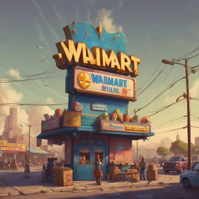 Local merchant stall versus Walmart, symbolizing business competition